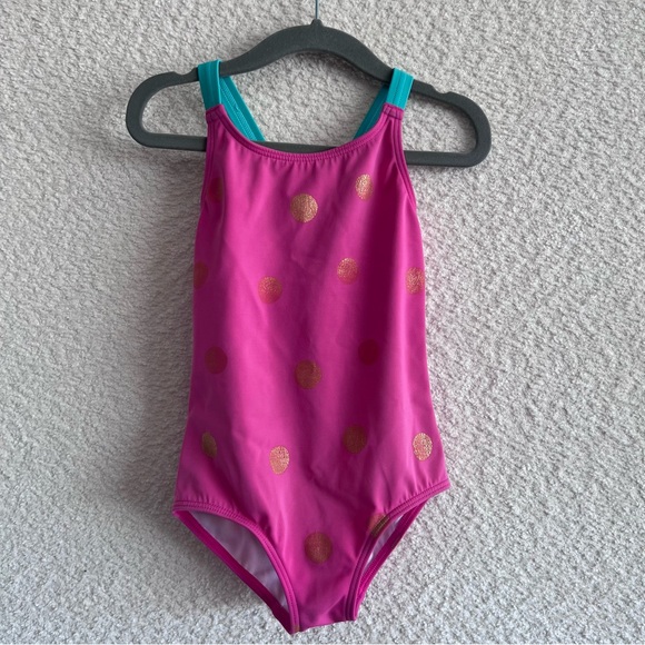 Mini Boden One Piece Toddler Pink Polka Dots Gold Bathing Swim Suit Size 3-4Y - Picture 2 of 10